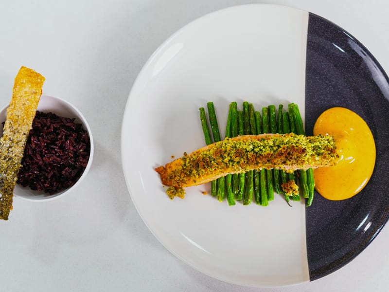 Baked Mustard-Crusted Salmon with Asparagus and Tarragon — Dinner, 487 kcal, 38g protein